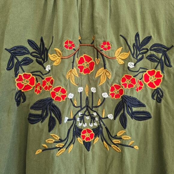 Embroidered Floral Army Green Cargo Romper Short Roll Sleeves Tie Waist Button - Picture 3 of 10